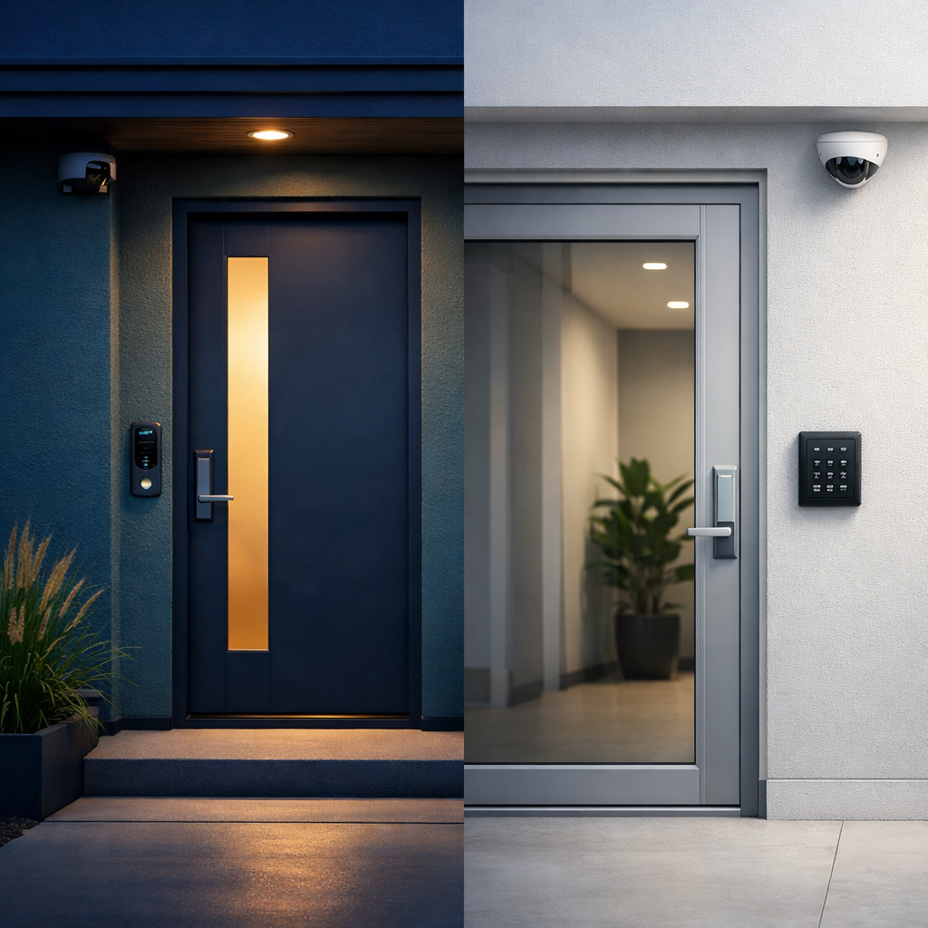 Video doorbell at a home entryway at dusk
